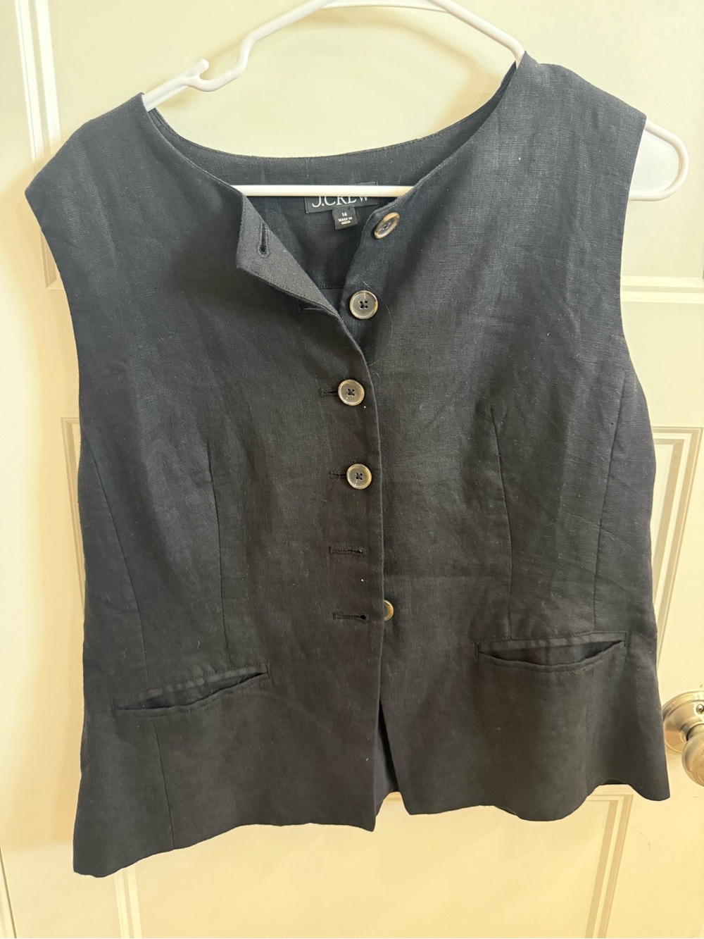 J. Crew Black Sleeveless Button-Front Linen Blend Vest